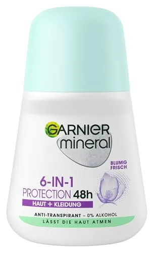 Garnier Deodorant Mineral 6-in-1 Protection, 50ml - Deo für Damen mit 6-in-1 Schutz gegen Nässe und Gerüche, blumiger Duft, hält bis zu 48h, alkoholfrei und hinterlässt keine Rückstände.