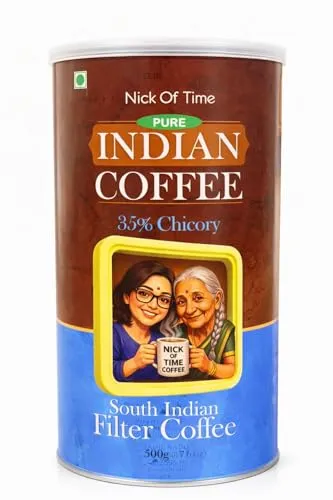 Nick Of Time South Indian Chicory Filter Coffee (65:35 Coffee Chicory Ratio) 100% Arabica AA Grade Dark Roast | Balanced Flavor & Aroma (500g|17.63 oz)