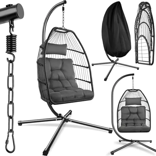 tectake Hängesessel Schaukelstuhl Ariane 160kg – Dunkelgrau mit extra dickem Kissen - Hängesessel mit robustem Stahlgestell und bis zu 160 kg Belastbarkeit. Ideal zum Entspannen im Garten oder auf der Terrasse. Inklusive abnehmbarem Sitz- und Kopfkissen für maximalen Komfort.