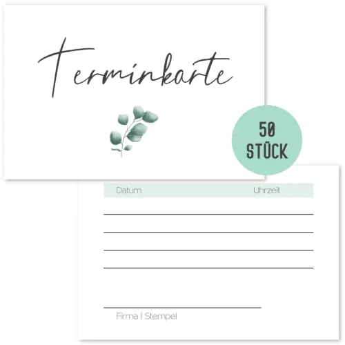 Things of Happiness Blanko Terminkarten (50 Stück) im schlichten Design | Terminkarte für Nagelstudio, Friseur, Massage, Kosmetik, Physiotherapeut (Terminkarte Eucalyptus)