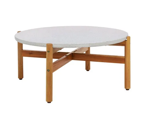 ebuy24 Gartentisch Terracina Ø85cm – Stilvoller Sofatisch aus Naturholz - Tische: Moderner Couchtisch mit eleganter Terrazzo-Tischplatte und stabilen Holzbeinen – ideal für ein stilvolles Wohnzimmer.