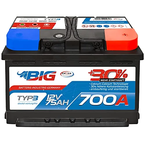 BIG Autobatterie 12V +30% mehr Startleistung 75Ah 700A/EN wartungsfreie Bleisäure Starterbatterie ersetzt 70Ah 72Ah