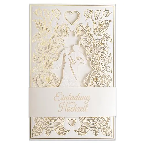 Art Nuvo Hochzeitseinladungen-20 St.130x205mm, Mit Bedruckbaren Einlagen Und Umschlägen Für Hochzeit, Lasergeschnitten,Mit Goldfolie Veredelt.Gepresstes Muster Mit Eingravierten Aufschriften ZAP_DE_09