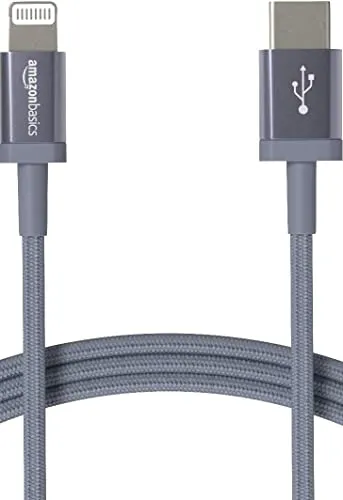 Amazon Basics USB-C-auf-Lightning-Kabel, geflochtenes Nylon, MFi-zertifiziertes Ladekabel für iPhone 13/12/11/X/XS/XR/8, Dunkelgrau, 1.8 m, kompatible mit Smartphone