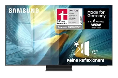 Samsung GQ55S95FATXZG LED TV 55 Zoll - Fernseher mit 4K Ultra HD Auflösung und OLED-Technologie für lebendige Farben und tiefes Schwarz, ideal für Kinoabende zu Hause.