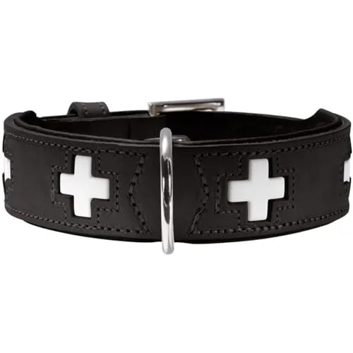 HUNTER Hundehalsband Swiss - Schwarz, handgenäht aus hochwertigem Rindsleder - Elegantes Hundehalsband mit dreifacher Verstellmöglichkeit für optimalen Komfort. Das weiche Leder sorgt für angenehmes Tragegefühl und langlebige Qualität – Made in Germany.