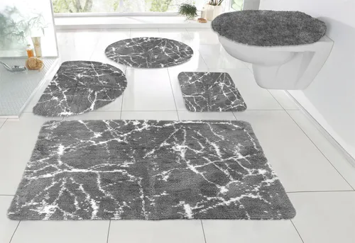 my home Badematte Marble, Höhe 15 mm, rutschhemmend beschichtet, fußbodenheizungsgeeignet, schnell trocknend, strapazierfähig, Polyester, rund, Badteppich, Marmor-Design, auch als 3-teiliges Badematten Set, anthrazit