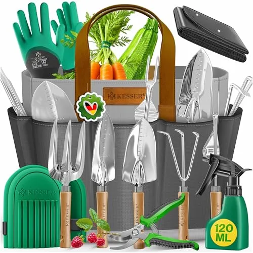 KESSER® Gartenwerkzeug Set 10-teilig - Werkzeugset mit ergonomischen Holzgriffen, wasserdichter Tasche & Knieschonern – ideal für komfortable und organisierte Gartenarbeit.