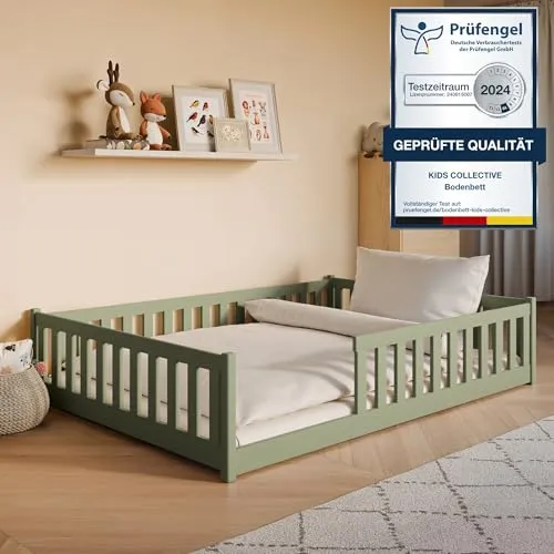 Kids Collective Kinderbett 140x200 cm mit Rausfallschutz - Montessori Bett in Olivgrün, aus FSC-zertifiziertem Kiefernholz, mit abnehmbarem Rausfallschutz für sicheres Schlafen und spielerisches Lernen.