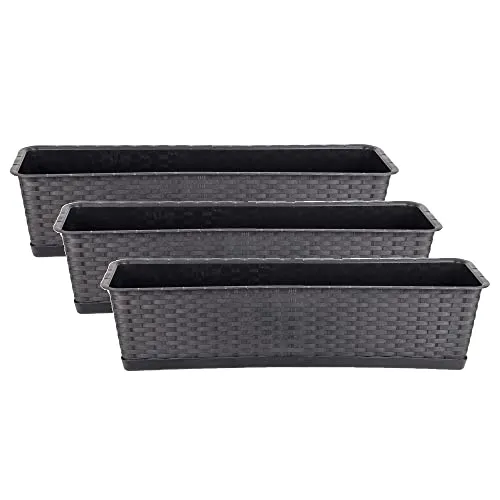 BigDean 3er Set Blumenkasten mit Untersetzer 70 cm - Rattan-Optik anthrazit - Blumenkästen in trendiger Rattan-Optik, ideal für Balkon, Terrasse oder Garten. UV-beständig und witterungsfest - perfekt für kreative Gartenideen!