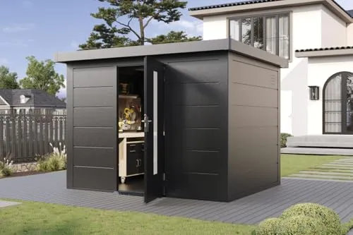 Finnhaus Wolff Metall-Gerätehaus Hakon 3024 - Robustes Gerätehaus aus Metall in elegantem Anthrazit, wartungsfrei und mit Anti-Tropf-Vlies für optimalen Feuchtigkeitsschutz. Ideal für jeden Garten.