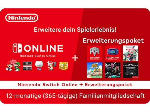 Nintendo NSO plus Expansion Pack 365 Tage Family - Nintendo Switch Online Mitgliedschaft mit Zugriff auf Nintendo 64-, Game Boy Advance- und SEGA Mega Drive-Klassiker, ideal für Familien mit bis zu 8 Accounts.