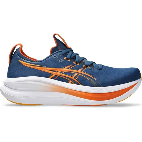 ASICS Gel-Nimbus 28 Neutralschuh Herren - Blau/Orange, Größe 45 - Maximale Dämpfung und atmungsaktives Obermaterial für höchsten Komfort beim Laufen. Der Gel-Nimbus 28 bietet Stabilität und Halt auf allen Straßenoberflächen. Perfekt für Deine Laufziele!
