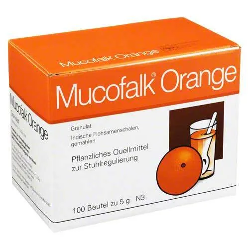 Mucofalk Orange Granulat 100 ST - Arzneimittel zur Stuhlregulierung bei chronischer Verstopfung und Hämorrhoiden, mit Indischen Flohsamenschalen für eine sanfte und effektive Linderung.