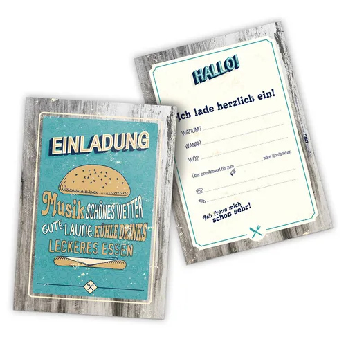 itenga 12x Einladungskarte BBQ retro Grillparty A6 Geburtstag Burger Vintage