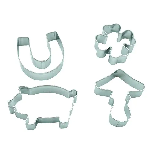 BekkiB 3538-4er Set "Glück" - Ausstecher Pilz, Klee, Schwein, Hufeisen - Kekse für Neujahr, Schulanfang oder zur Abschlussfeier backen