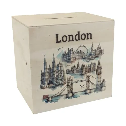 Skyline London Spardose aus Holz Wahrzeichen der Stadt Big Ben Tower Bridge London Eye Buckingham Palace - Perfekt für Sammler