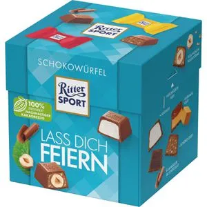 Ritter-Sport Minischokolade Lass dich feiern, Schokowürfel, 22 Stück, 176g - Vielfältige Genussmomente mit 5 Sorten: Joghurt, Voll-Nuss in Nugatcreme, Karamell Duo, à la Mousse au Chocolat und Schoko Crisp. Ideal für Geschenke oder zum Teilen, einzeln verpackt für frischen Genuss.