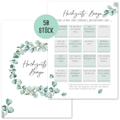 Things of Happiness Spiel Hochzeitsspiel Bingo, Hochzeitsbingo, Spiel Gäste Hochzeit, Kennenlernspiel Hochzeit, 50 Karten, Grün Eucalyptus