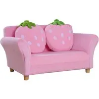 Homcom Kindersofa Rosa mit Erdbeer-Design - Niedliches Kindersofa aus robustem Holz mit weichem Korallenvlies-Bezug, ideal für das Kinderzimmer. Belastbar bis 60 kg und perfekt zum Spielen, Zeichnen oder Entspannen.