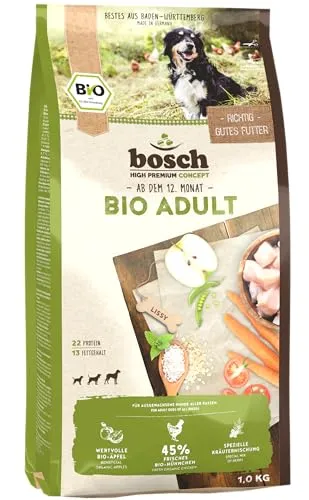 Bosch Bio Adult Hühnchen & Apfel 11,5 kg - Bio-Hundefutter für alle Rassen, 45% Bio-Hühnchen sorgt für hohen Geschmack und Verdaulichkeit, unterstützt die Verdauung mit Ballaststoffen aus Äpfeln und Kräutern.