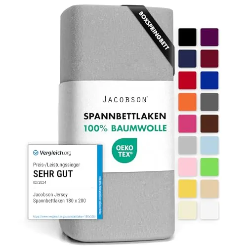 Jacobson Jersey Spannbettlaken Spannbetttuch Baumwolle Bettlaken (180x200-200x220 cm, Grau)