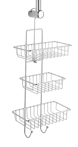WENKO Duschcaddy Milano mit 3 Ablagen und 2 Haken - Haartrocknerhalter mit 3 Ablagekörben und 2 Haken, massive Qualität aus Chrom, ideal zur optimalen Organisation im Bad.