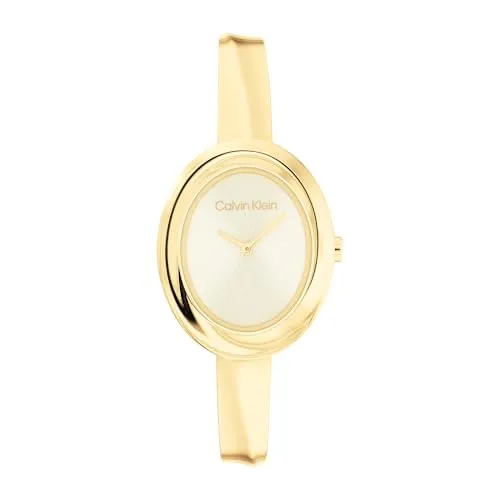 Calvin Klein Quarzuhr Twisted Bezel 25100056 - Elegante Damenuhr mit goldfarbenem Edelstahlarmband und spritzwassergeschütztem Gehäuse, ideal für stilbewusste Frauen.