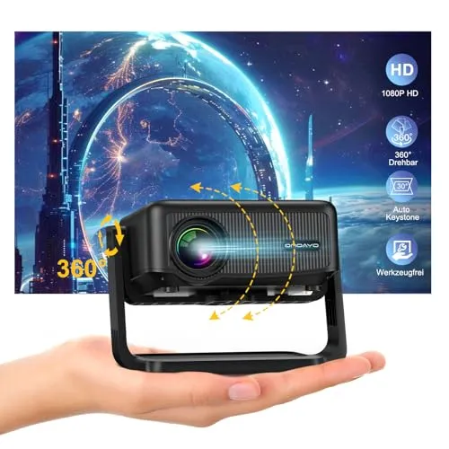 Beamer【Elektrischer Fokus & Auto Keystone & 360°Drehbar】 Mini Beamer, WiFi6 Bluetooth5.2 Projektor, 1080P HD Beamer Klein Heimkino, ONOAYO Beamer Handy mit Leisem Verstellbarem Ständer und 70% Zoom