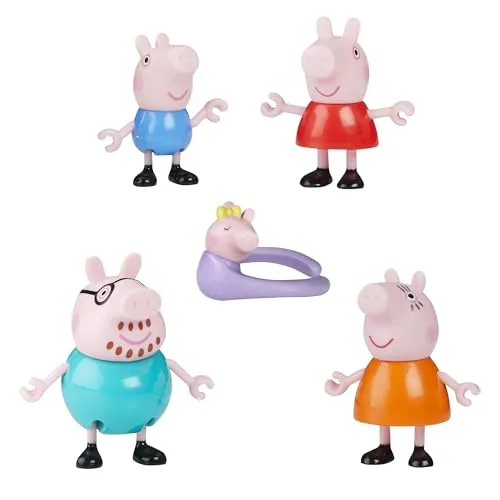 Peppa Pig Peppas fünfköpfige Familie Figurenset - Komplettes Peppa Pig Spielzeug Set mit Mama, Papa, Peppa, Schorsch und Baby Evie. Bewegliche Figuren für fantasievolle Abenteuer und herzliche Spielmomente im Kinderzimmer.