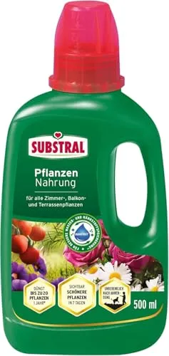 Substral Pflanzen Nahrung 500ml - Universaldünger für Zimmer- und Balkonpflanzen - Hochwertige Spezialnahrung für Zimmer und Balkon, die alle Pflanzen umfassend versorgt. Mit natürlichem Bodenverbesserer für optimale Wasser- und Nährstoffaufnahme, für kräftiges Wachstum und lebendige Blüten.
