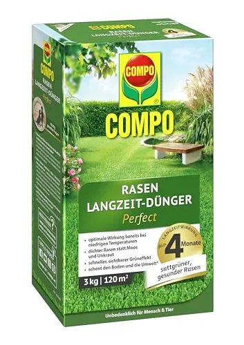COMPO Rasen Langzeit-Dünger Perfect 3kg - Dünger für 120m² Rasen, mit bis zu 4 Monaten Langzeitwirkung für einen gesunden, dichten Rasen und weniger Unkraut. Ideal auch für Rollrasen.