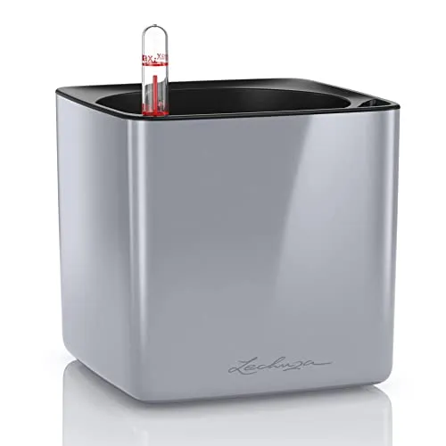 LECHUZA Cube Glossy 14 hochwertiger Pflanzwürfel mit Stick -Bewässerungssystem, Titanium dust highgloss