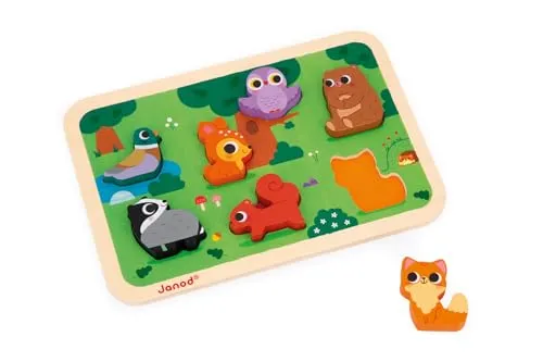 Janod - Chunky Puzzle - Der Wald - FSC-Holz - 7 Teile - Fördert Feinmotorik, Konzentration und Fantasie - Ab 18 Monaten, J07123