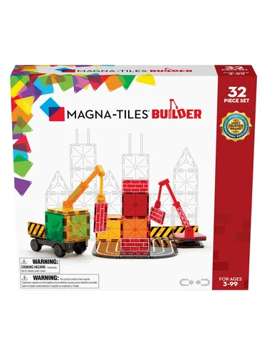 Builder 32-Piece Magnetic Building Set - Rennbahnen, Parkhäuser & Zubehör - Kreatives Bauen mit beweglichem Kran und magnetischen Straßenteilen. Fördert Feinmotorik und technisches Verständnis für kleine Bauprofis.