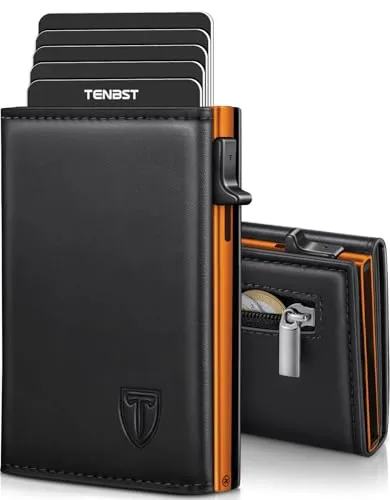 TENBST Geldbörse Herren mit Münzfach, Hochwertiges Kartenetui Herren, RFID Geschützter Geldbeutel, Slim Portemonnaie für 8 Karten，Geschenke zum Vatertag - Orange-Schwarz