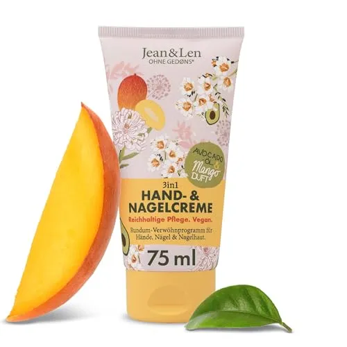 Jean & Len Hand- & Nagelcreme Mango & Avocado, vegane Pflegeformel mit Shea- und Kakaobutter, reichhaltige Pflege, fruchtiger Mango-Duft, vegane Handpflege, ohne Parabene & Silikone, 75 ml