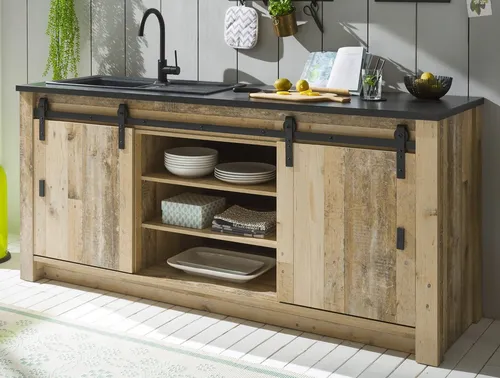 Furn.Design Spülenunterschrank Stove - Küchenschrank in Used Wood Vintage, bietet viel Stauraum mit 9 Fächern und 2 Schwebetüren für eine praktische und stilvolle Kücheneinrichtung.