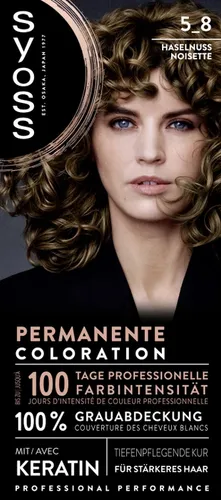 Syoss Permanent Color 5_8 Hazelnut Brown - Haarfarbe für Damen, die graues Haar zuverlässig verdeckt und intensive Farbnuancen sowie leuchtenden Glanz verleiht. Ideal für eine einfache Anwendung zu Hause.
