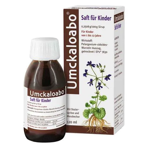 UMCKALOABO Saft für Kinder alkoholfrei 120 ml - Arzneimittel zur symptomatischen Behandlung von akuter Bronchitis bei Kindern von 1 bis 12 Jahren, mit natürlichen Pelargonium-Extrakt für sanfte Linderung.