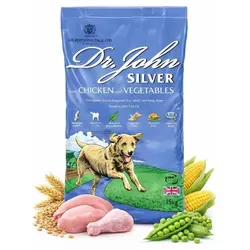 Dr. John SILVER CHICKEN 15 kg Huhn mit Gemüse - Vollwertiges Trockenfutter für Hunde, ideal für weniger aktive Tiere. Mit hochwertigem Geflügel und Gemüse für eine ausgewogene Ernährung. Ohne künstliche Zusätze, für ein schmackhaftes Futtererlebnis.