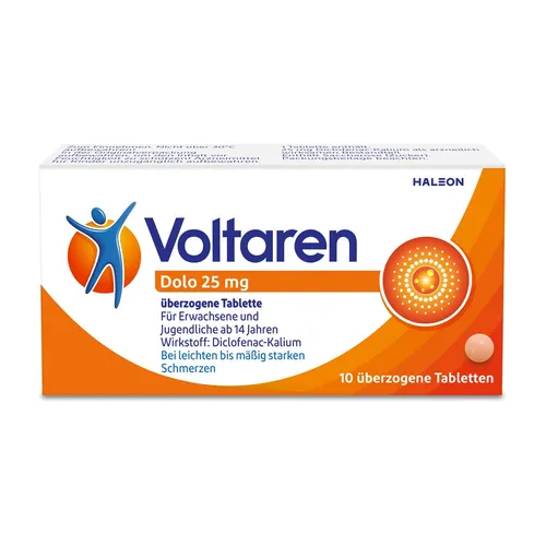Voltaren Dolo 25mg - Schmerztabletten - Arzneimittel zur schnellen Linderung von Rückenschmerzen, Muskelschmerzen und Entzündungen – ideal für unterwegs dank der kleinen, leicht zu schluckenden Tabletten.