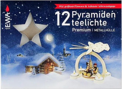 EWA Pyramidenteelichte 12er Pack - Premium Teelichte in stabiler Metallhülle, ideal für Weihnachts-Pyramiden. Hohe Wärmeabgabe sorgt für gleichmäßige Drehung der Pyramide und edle Optik.