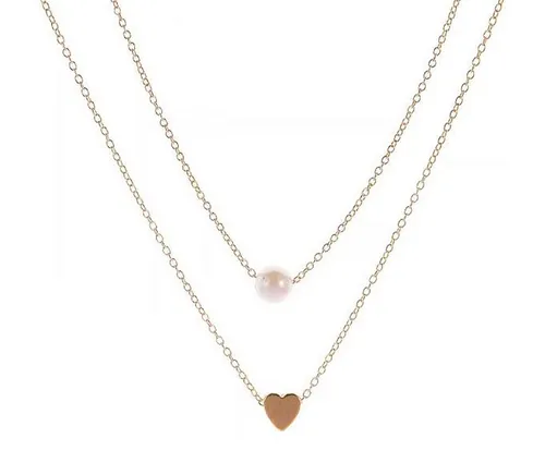 KARMA Ketten-Set Kette Damen zweireihig Gold Halskette Damenkette Damenhalskette, Perle und Herz Anhänger zweireihiger Damenschmuck