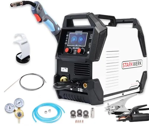 Starkwerk Schutzgas Schweißgerät MIG/MAG 200 A mit Doppelpuls - Vielseitiges MIG/MAG Schweißgerät für Stahl mit automatischer Zufuhr. Ideal für den professionellen Einsatz, bietet es hohe Energieeffizienz und umfangreiche Sicherheitseigenschaften.