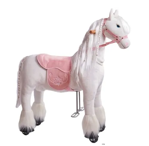 Ponnie Pferd mit Rollen Tiara M - Weiß/Rosa für Kinder - Das Ponnie Tiara M ist ein mechanisches Reitpferd für Kinder von 5-12 Jahren. Mit abnehmbaren Sattel und kämmbarer Mähne sorgt es für kreativen Spielspaß. Ideal für drinnen und draußen, ohne Batterien!