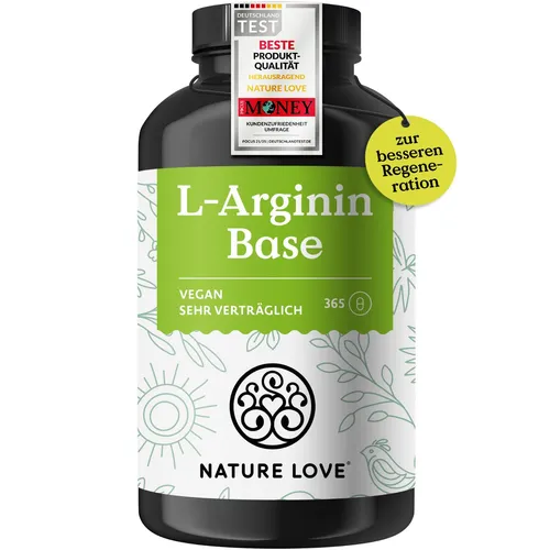 NATURE LOVE® L-Arginin Base mit Citrullin - 365 Kapseln - Aminosäure L-Arginin in hochdosierter, veganer Form mit 3.000 mg L-Arginin und 426 mg L-Citrullin für optimale Unterstützung deines aktiven Lebensstils. Glutenfrei, laktosefrei und ohne Gentechnik.