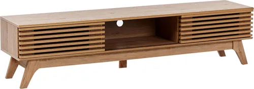 BELIANI Fernsehtisch Braun Holzoptik Eiche 180 cm - Eleganter TV-Schrank mit Schiebetüren in Lamellenoptik, ideal für stilvolle Wohnzimmer. Inklusive Kabelkanal für eine aufgeräumte Optik und drei Fächer für vielseitige Nutzung.