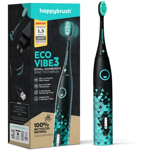 happybrush Schallzahnbürste StarterKit Eco Vibe 3 - Elektrische Zahnbürste mit hocheffektiver Schall-Technologie, 3 Reinigungsmodi und bis zu 6 Wochen Akkulaufzeit – ideal für eine sanfte und gründliche Zahnreinigung.