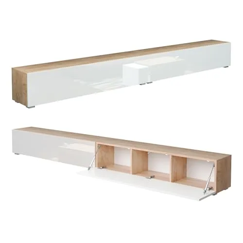 PLATAN ROOM Fernsehschrank TV-Lowboard 280 cm - TV-Halterungen: Minimalistischer Hängeschrank in Eiche Weiß, wahlweise hochglänzend oder matt, mit Push-to-Open-Funktion für einen grifflosen Look und optimaler Stauraum für Ihre Geräte.